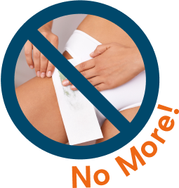 A "no" symbol containing a pelvic area of a woman removing hair with a patch