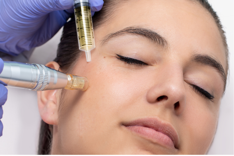 Woman receiving a microneedle cosmetic facial